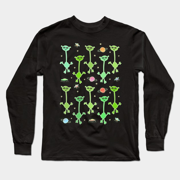 Cute Aliens in Space Pattern Long Sleeve T-Shirt by Davey's Designs